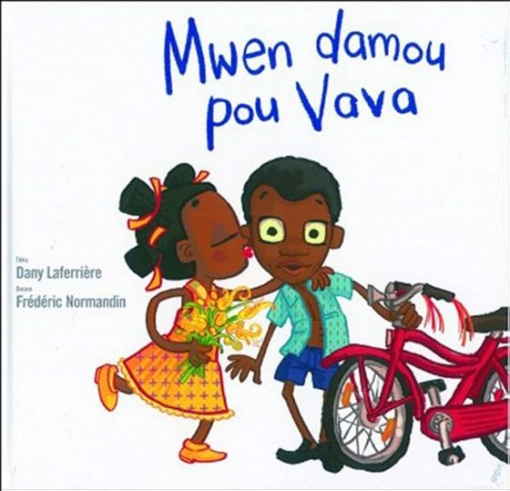 A book cover. A young boy holding his bicycle is kissed by a young girl.