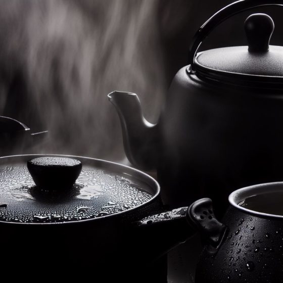 AI generated image of a black tea kettle and several black pots