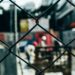 a blurred city neighborhood behind a black chain link fence.